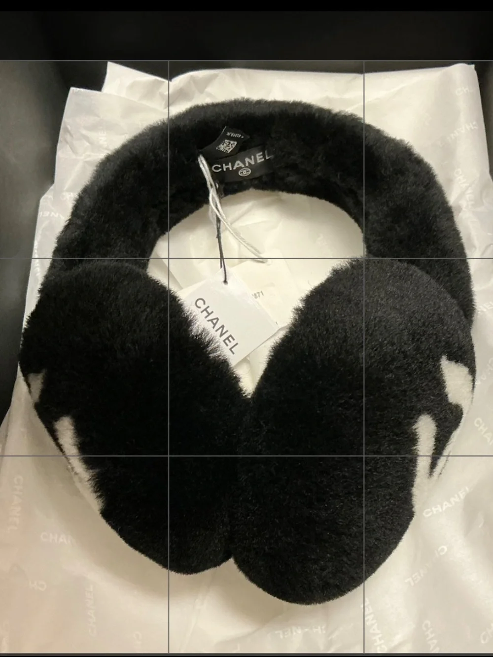 BNIB CHANEL Black White Logo Shearling Lamb Earmuffs